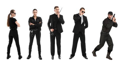 Image of Collage of different professional security guards on white background. Banner design