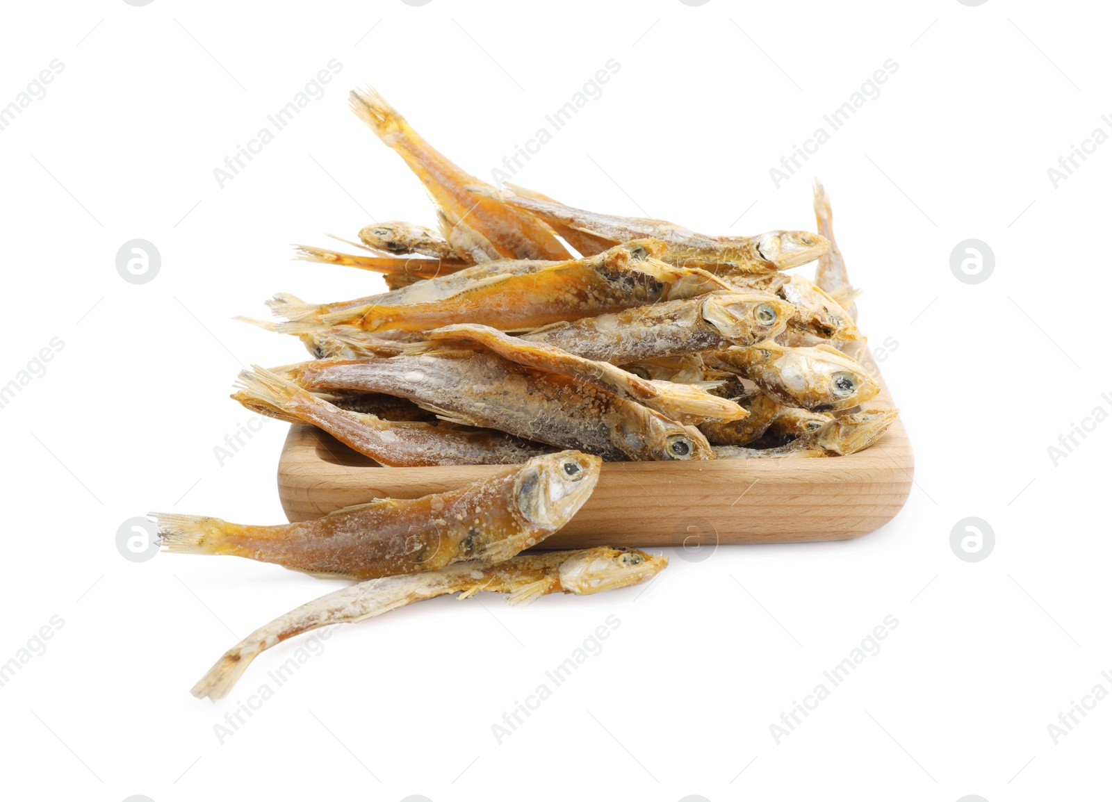 Photo of Delicious dried salted anchovies on white background