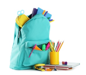 Photo of Bright backpack with school stationery isolated on white