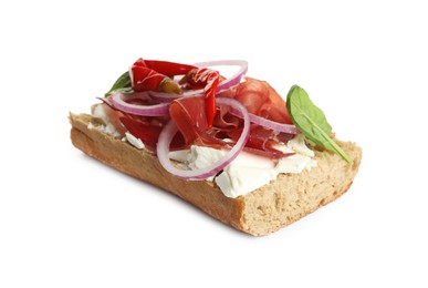 Photo of Delicious sandwich with bresaola, cream cheese, onion and chili pepper isolated on white