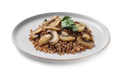 Photo of Tasty buckwheat with fresh parsley and mushrooms isolated on white