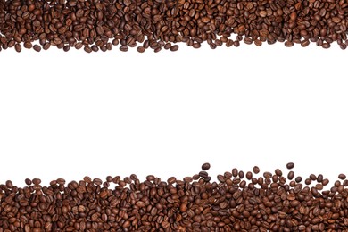 Many roasted coffee beans on white background, top view