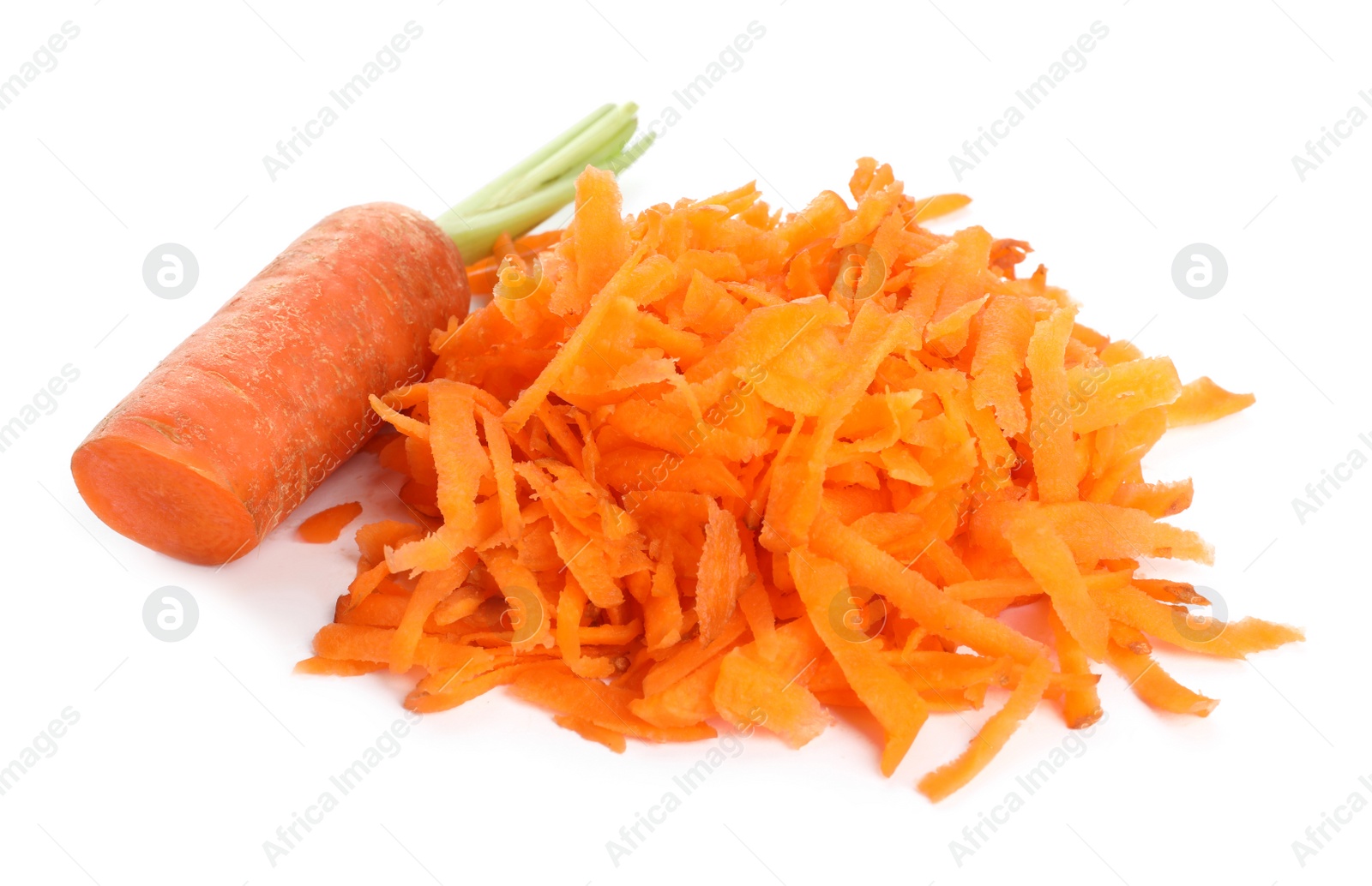 Photo of Tasty ripe grated carrot on white background