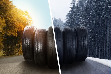 Image of Set of new winter and summer tires on asphalt road, collage