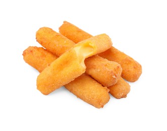 Photo of Pile of tasty fried mozzarella sticks isolated on white