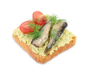 Photo of Delicious sandwich with sprats, tomatoes, dill and avocado puree isolated on white