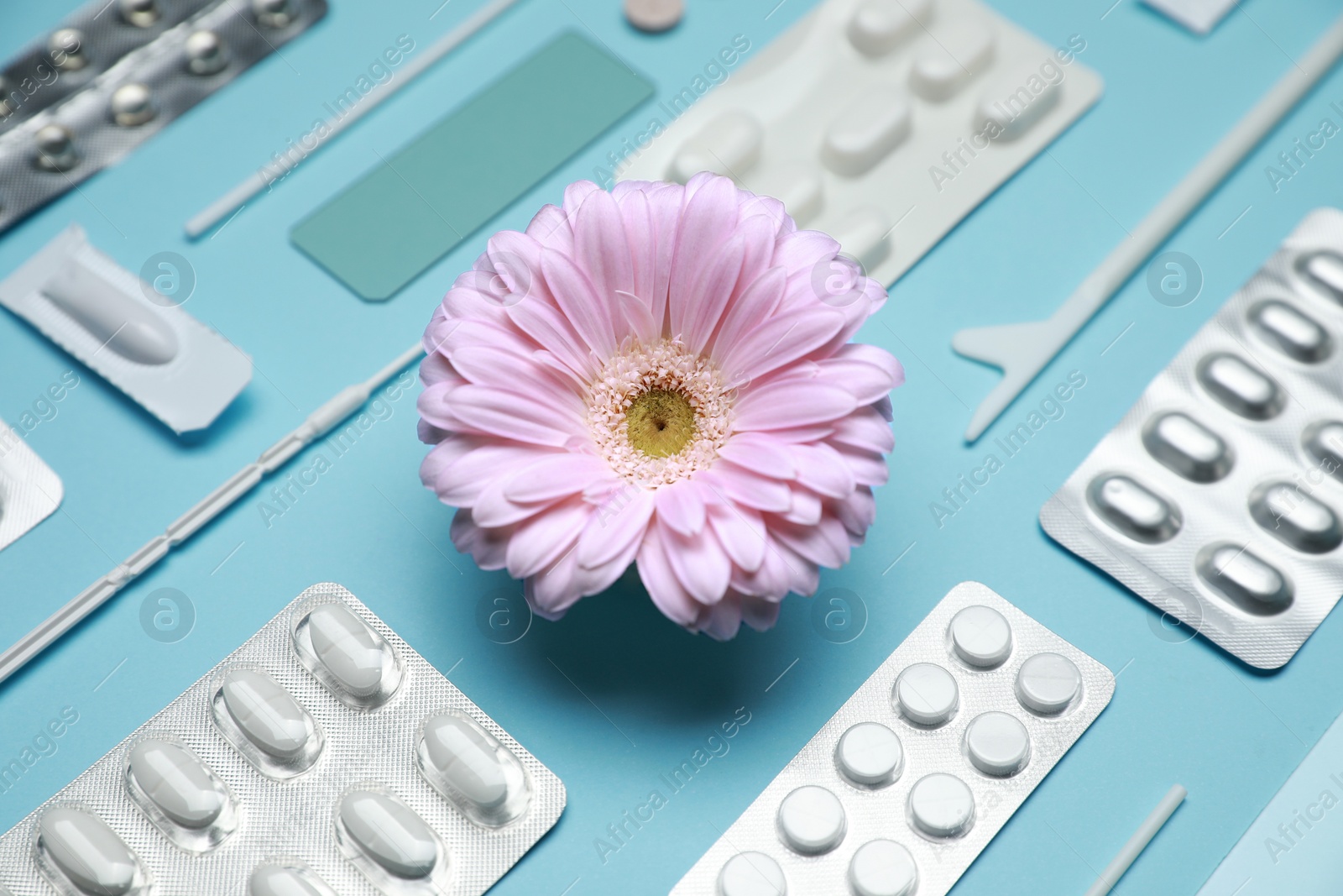 Photo of Many gynecological pills, tools and gerbera flower on light blue background, closeup