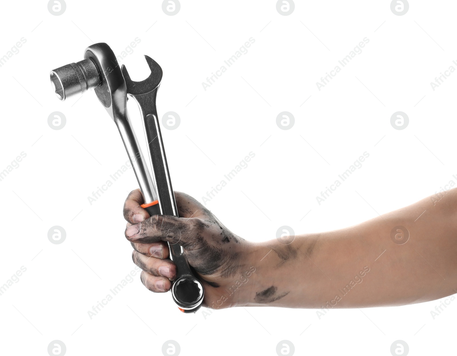 Photo of Auto mechanic holding different wrenches isolated on white, closeup