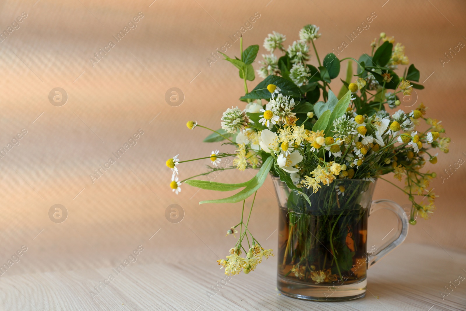 Photo of Composition with different fresh herbs in cup of tea on white wooden table. Space for text