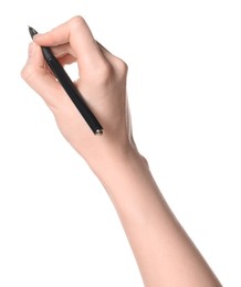 Woman holding pen on white background, closeup of hand