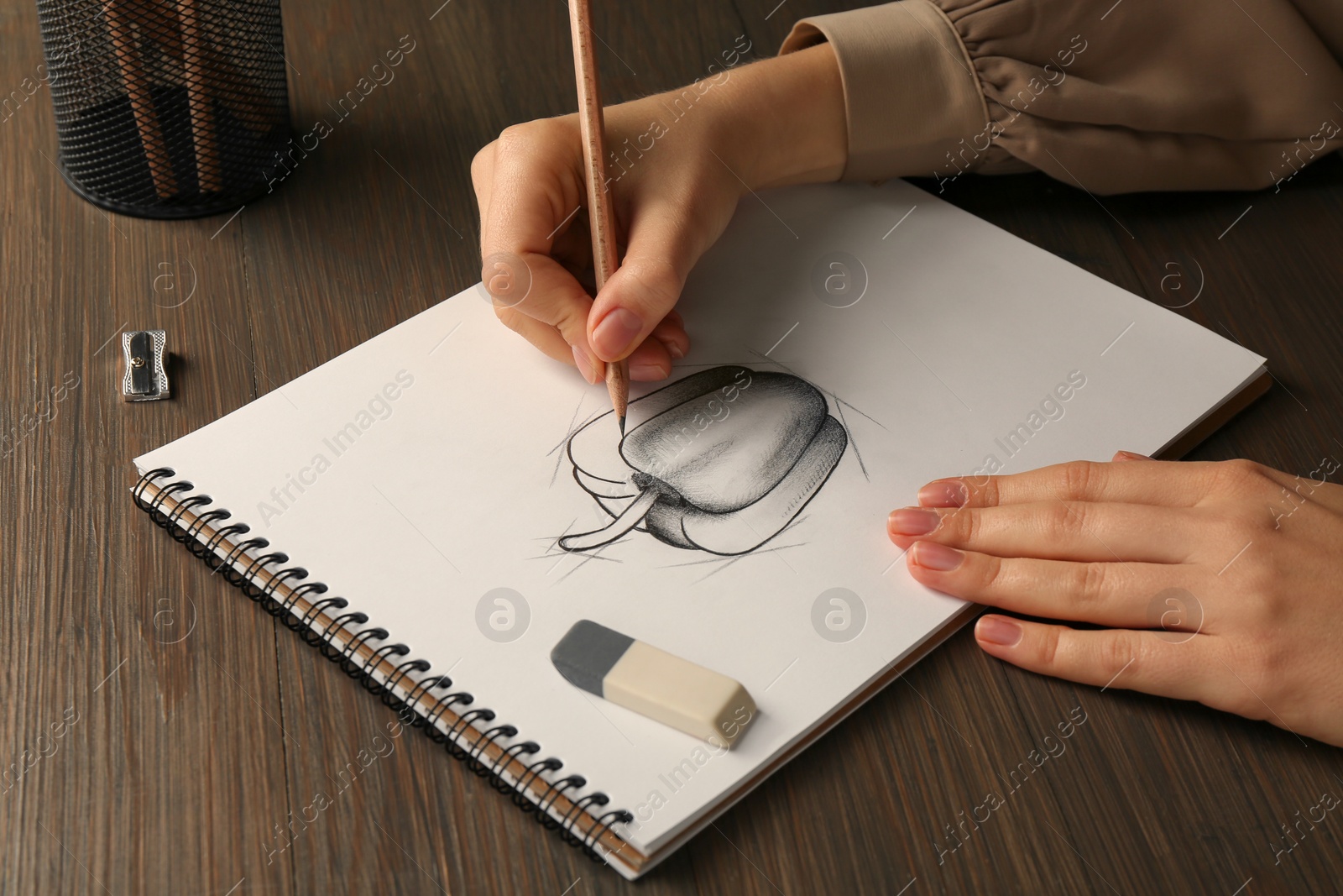 Photo of Woman drawing bell pepper with graphite pencil at wooden table, closeup