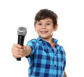 Photo of Cute little boy with microphone on white background