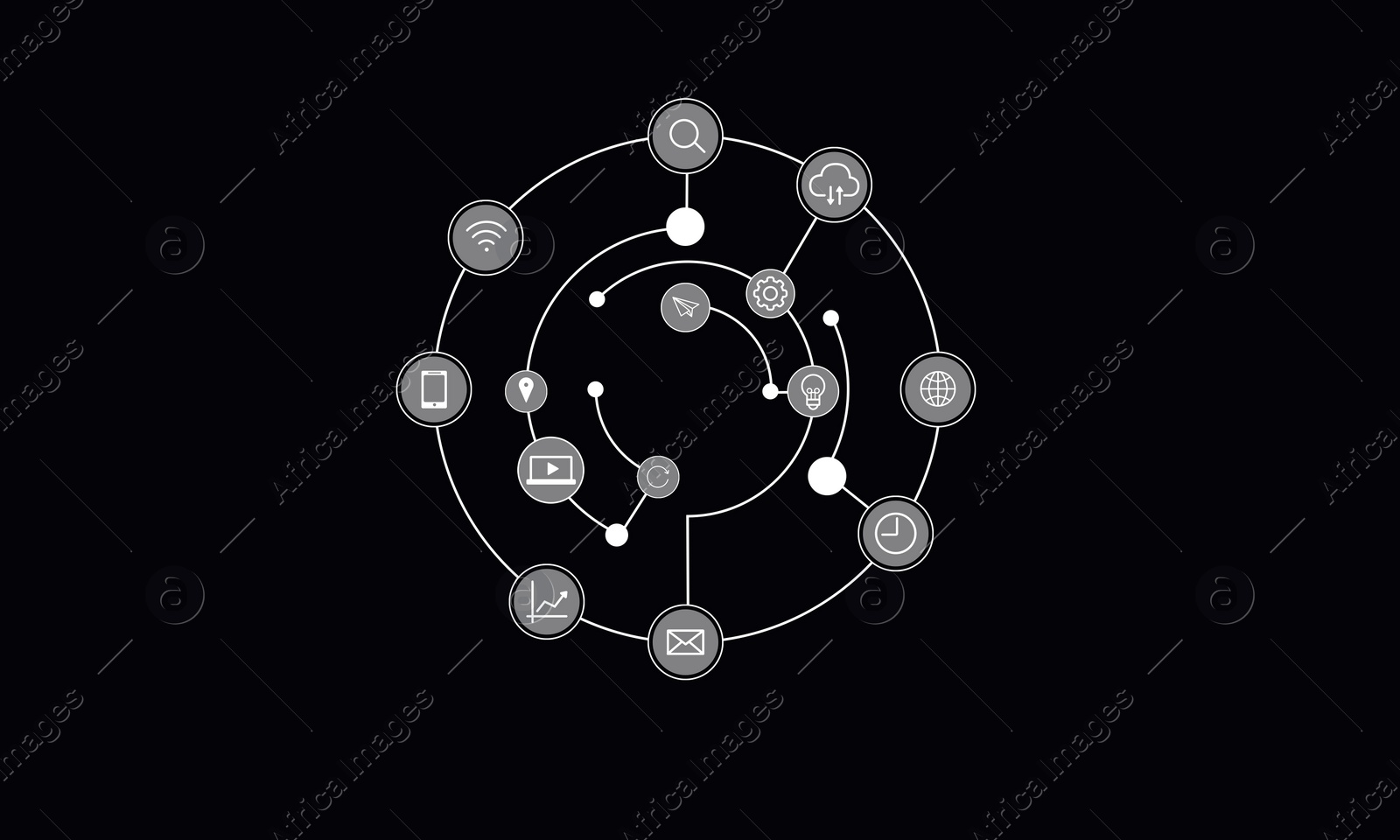Illustration of Digital marketing directions. Scheme with icons on black background