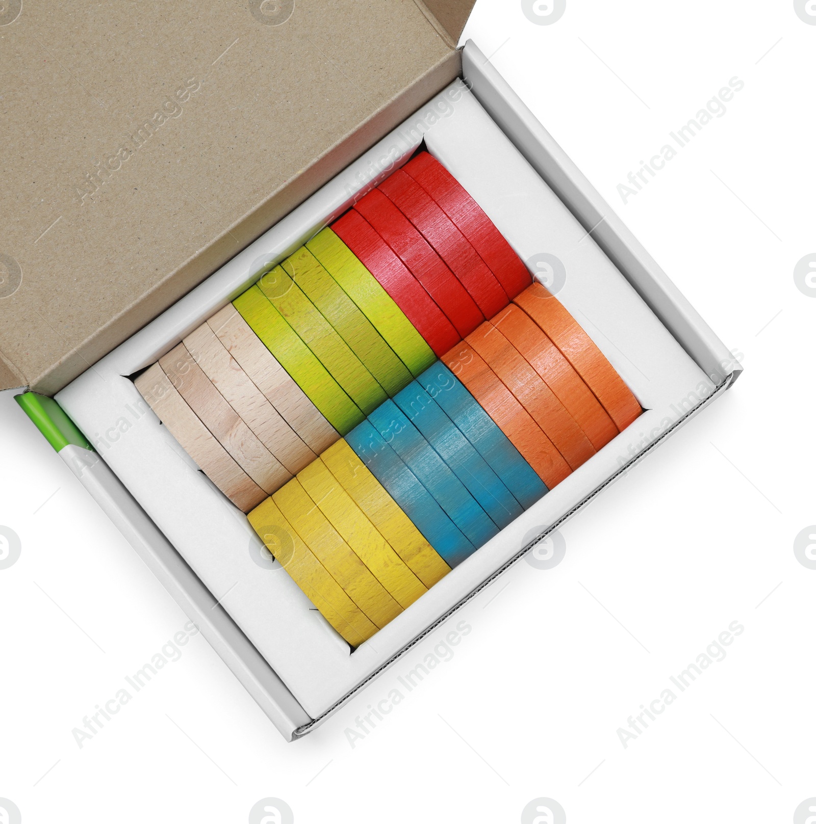 Photo of Colorful wooden pieces of play set in box isolated on white, top view. Educational toy for motor skills development