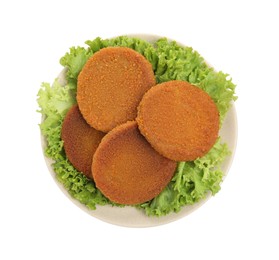Photo of Plate of delicious fried breaded cutlets with lettuce isolated on white, top view