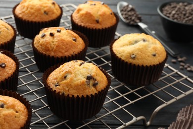 Photo of Delicious freshly baked muffins with chocolate chips on gray table, closeup