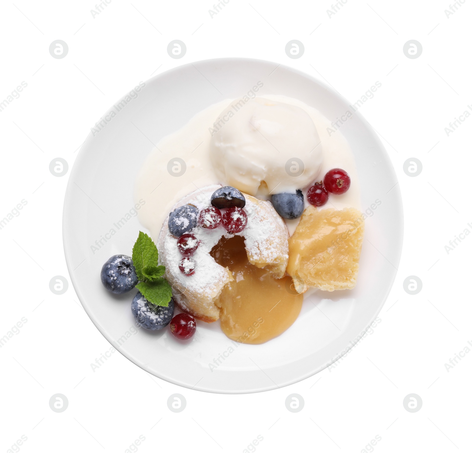 Photo of Tasty vanilla fondant with white chocolate, berries and ice cream isolated on white, top view