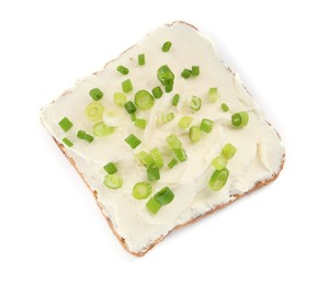Delicious sandwich with cream cheese and chives isolated on white, top view