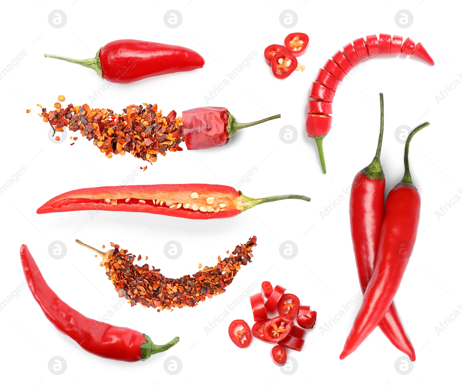 Image of Set with red hot chili peppers and flakes on white background