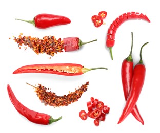 Set with red hot chili peppers and flakes on white background