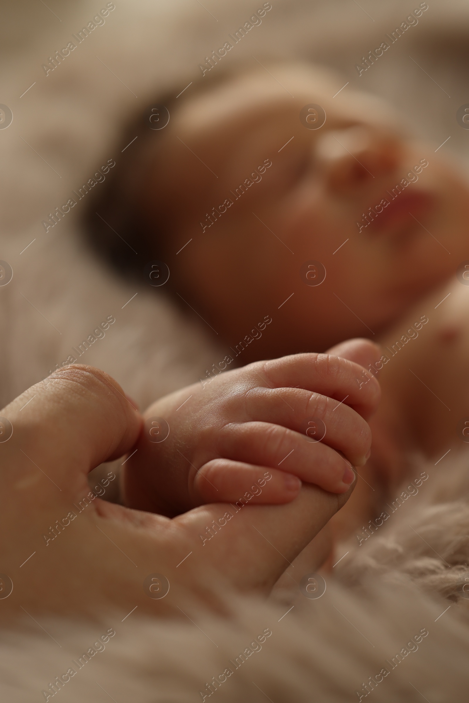 Photo of Mother holding hand of her newborn baby on fluffy blanket, closeup. Lovely family