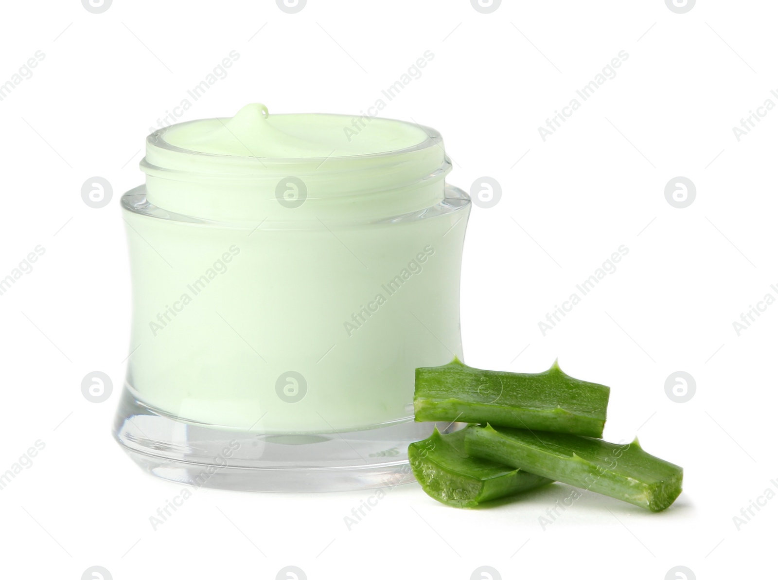 Photo of Jar of body cream with aloe extract on white background