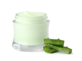 Jar of body cream with aloe extract on white background