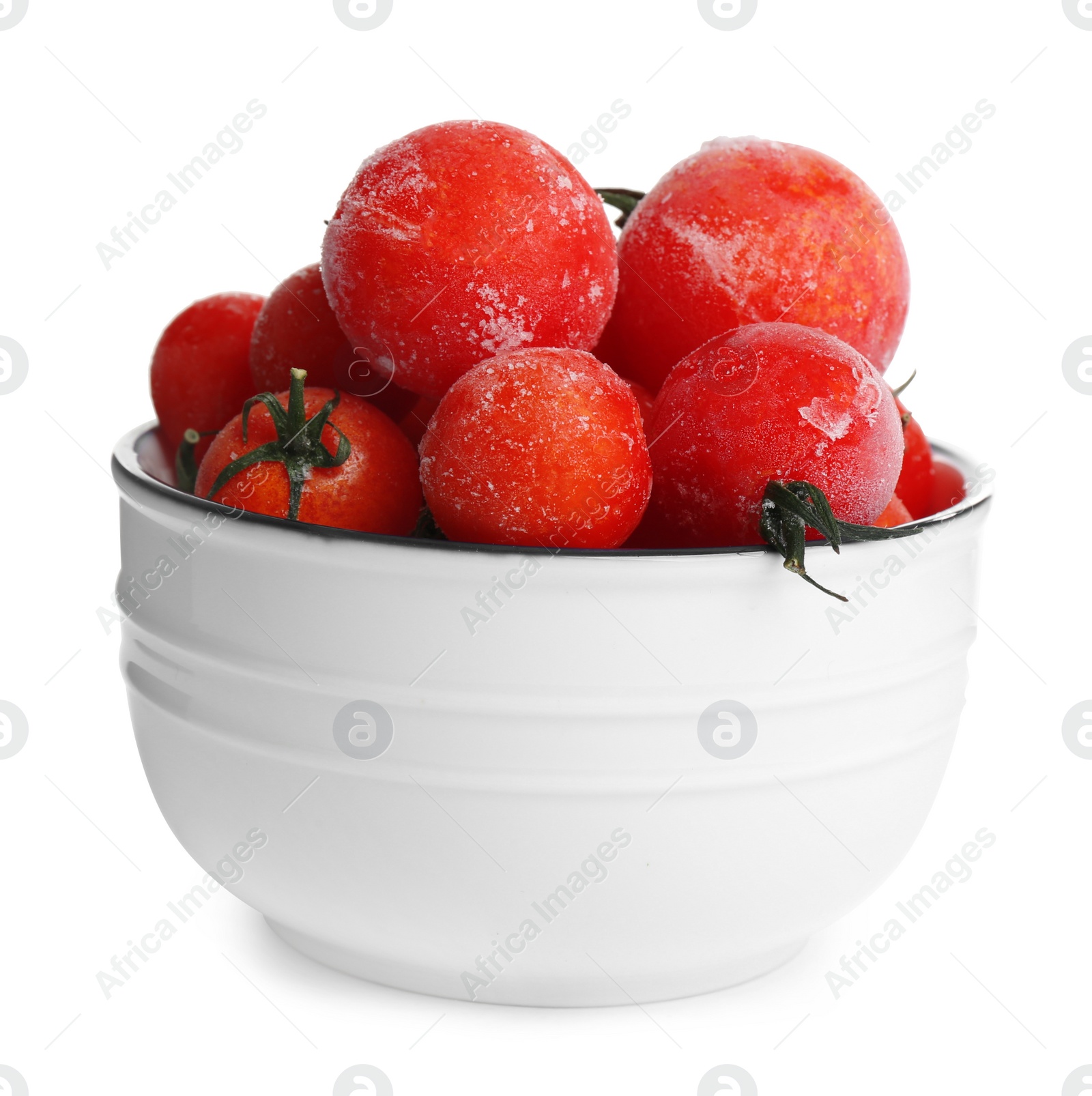 Photo of Frozen tomatoes in bowl isolated on white. Vegetable preservation