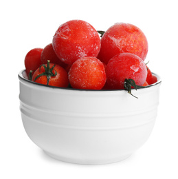 Frozen tomatoes in bowl isolated on white. Vegetable preservation