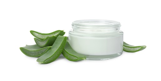 Jar of natural cream and cut aloe leaves isolated on white