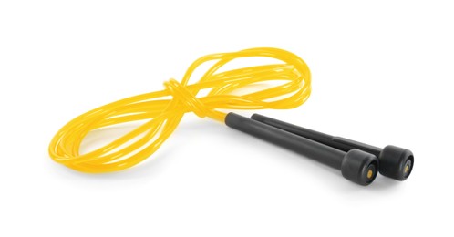 Photo of Yellow skipping rope on white background. Sports equipment