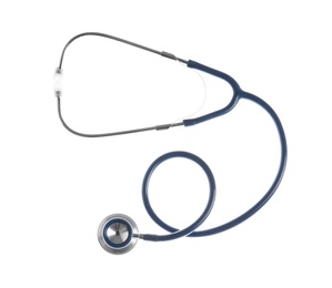 Photo of Stethoscope on white background, top view. Medical device