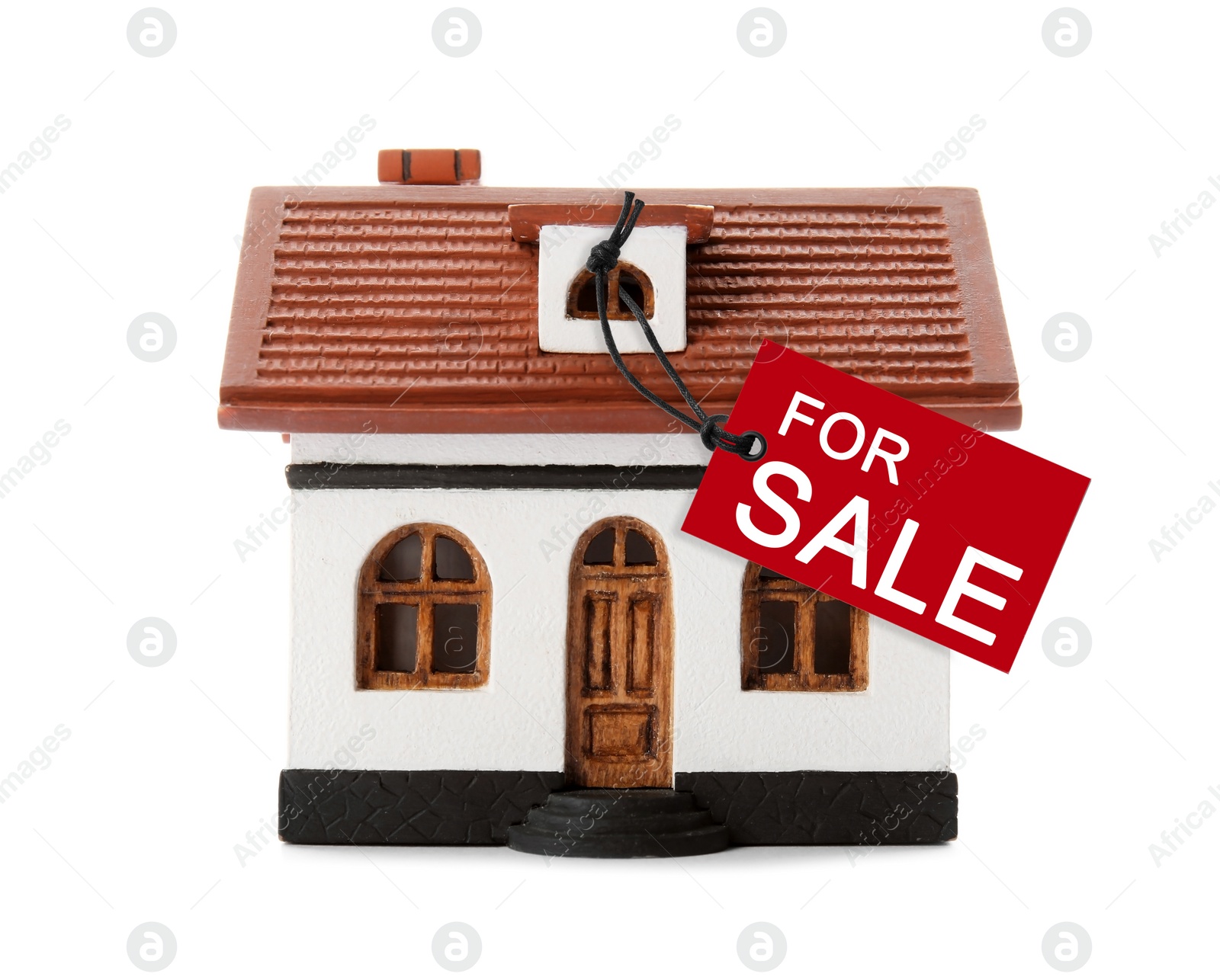 Image of Label with text FOR SALE at house model on white background