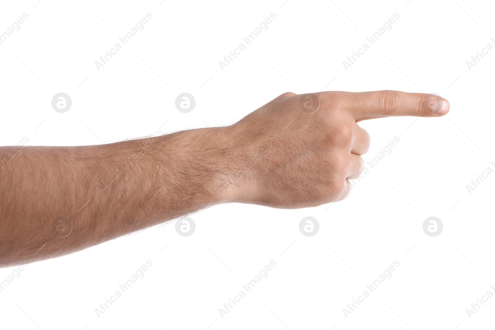 Photo of Man pointing with index finger on white background, closeup