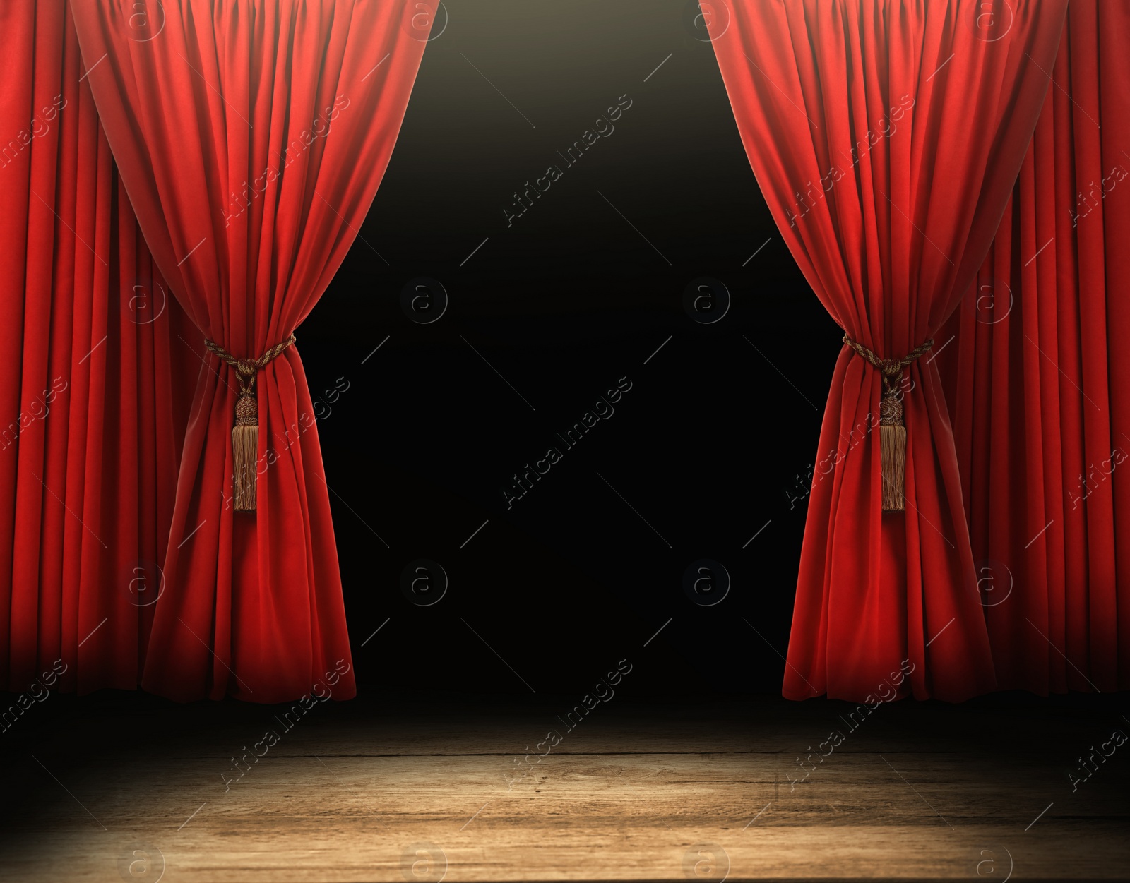 Image of Empty wooden stage and open red curtains