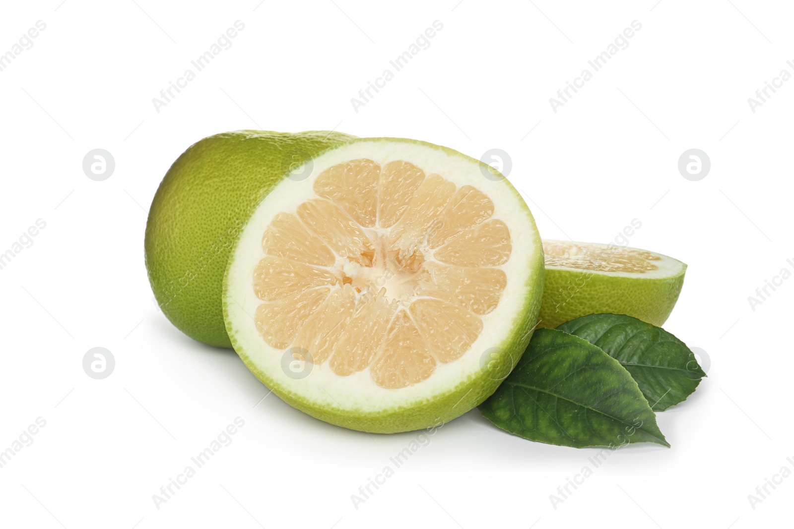 Photo of Whole and cut sweetie fruits with green leaves on white background