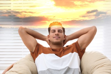 Image of Man with closed eyes in armchair and beautiful sunset, double exposure. State of mindfulness