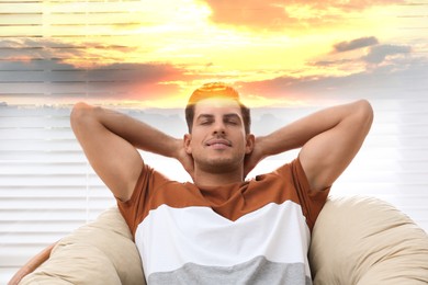 Man with closed eyes in armchair and beautiful sunset, double exposure. State of mindfulness