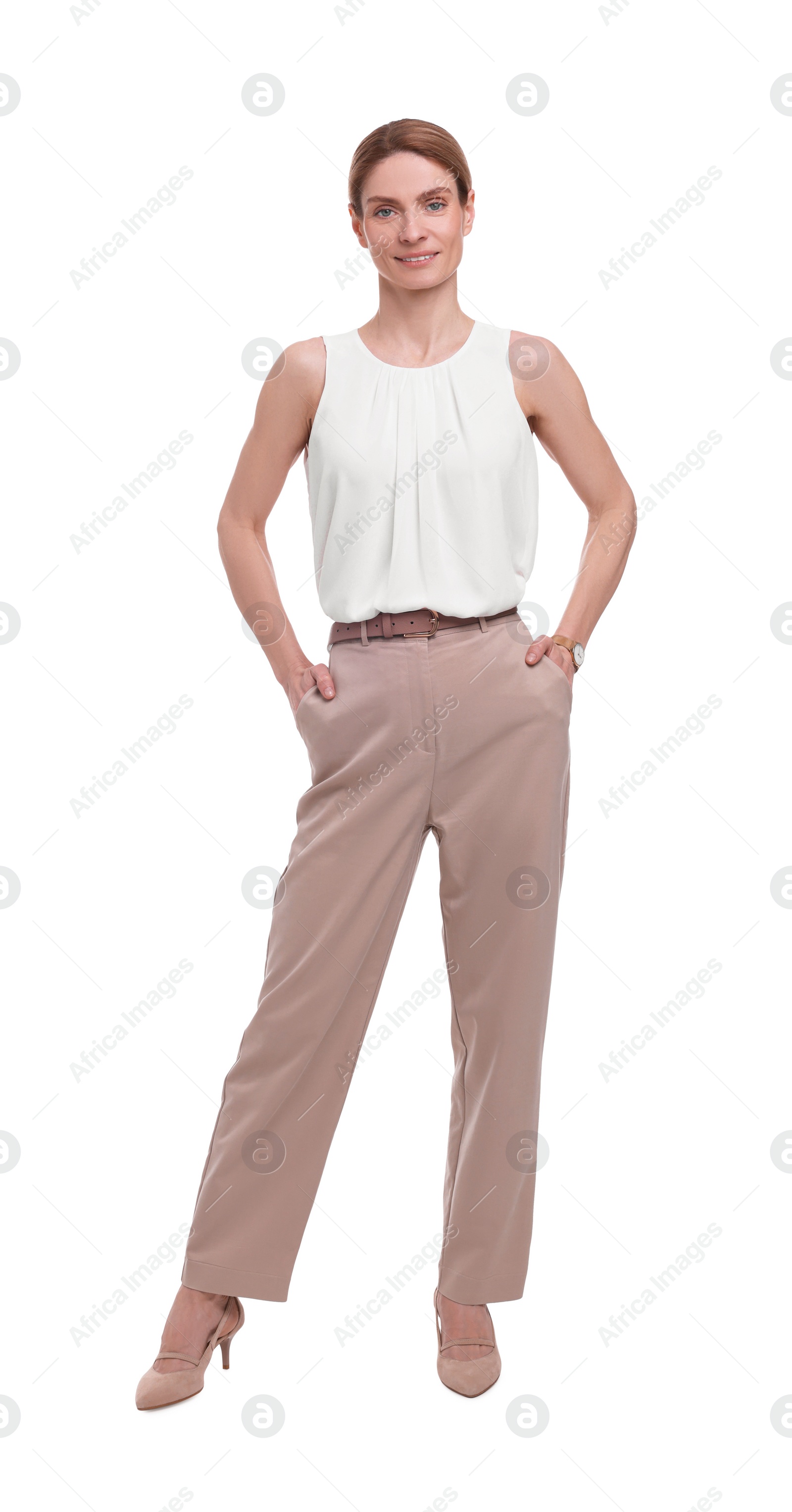 Photo of Beautiful smiling businesswoman posing on white background