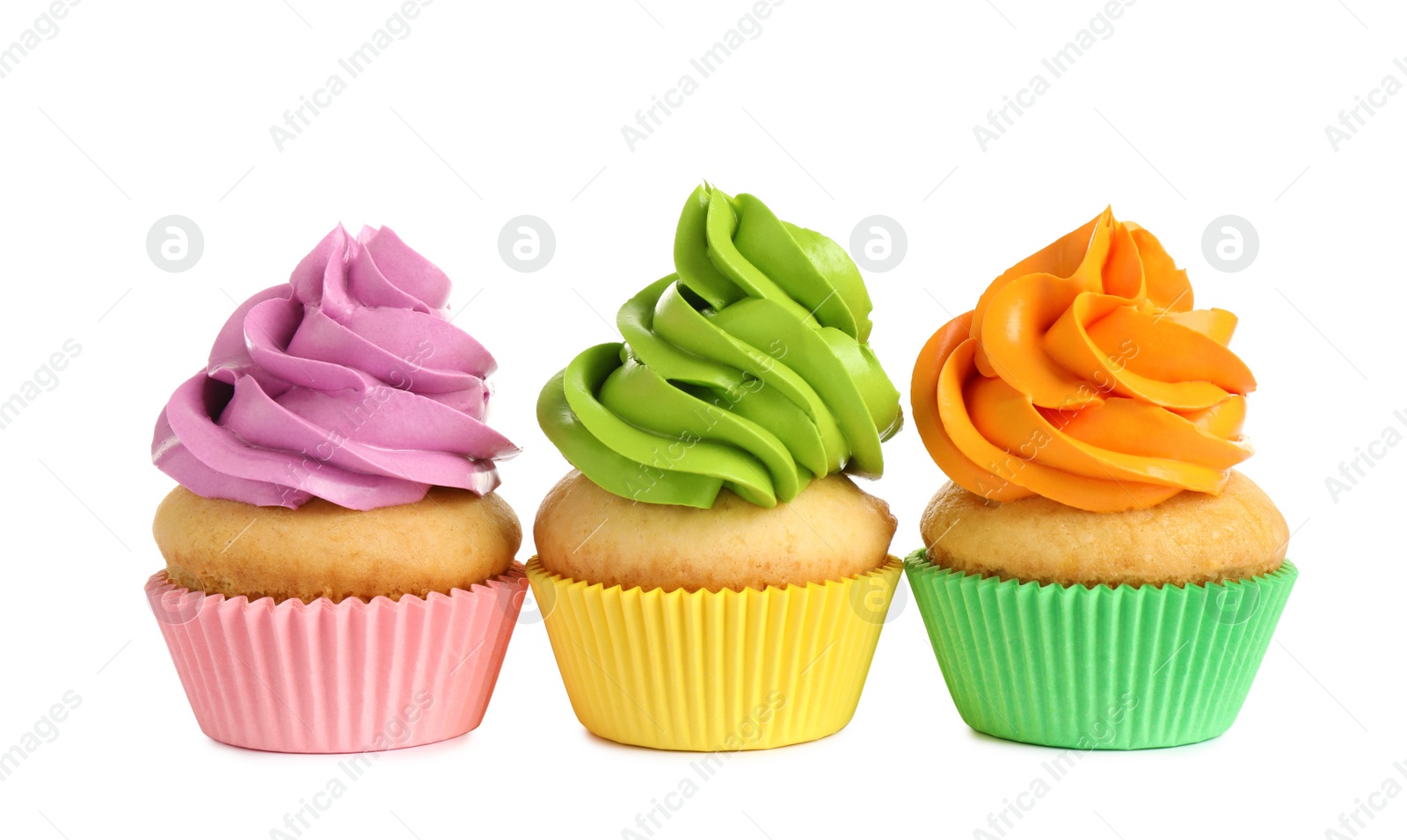 Photo of Delicious birthday cupcakes with buttercream on white background