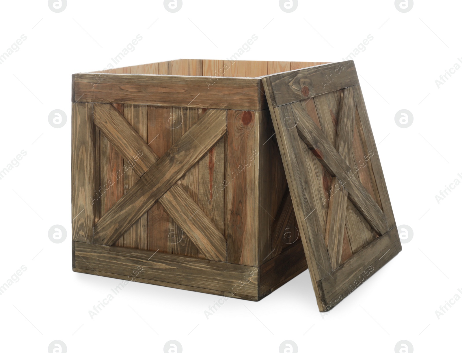 Photo of Old open wooden crate with lid isolated on white