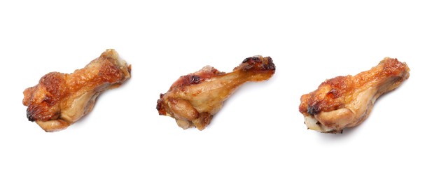 Image of Set with tasty roasted chicken wings on white background. Banner design