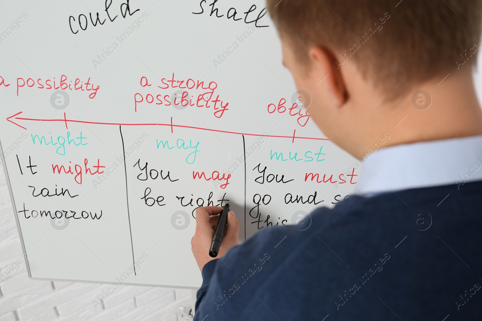 Photo of English teacher giving lesson on modal verbs near whiteboard, closeup