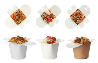 Set with boxes of tasty wok noodles on white background