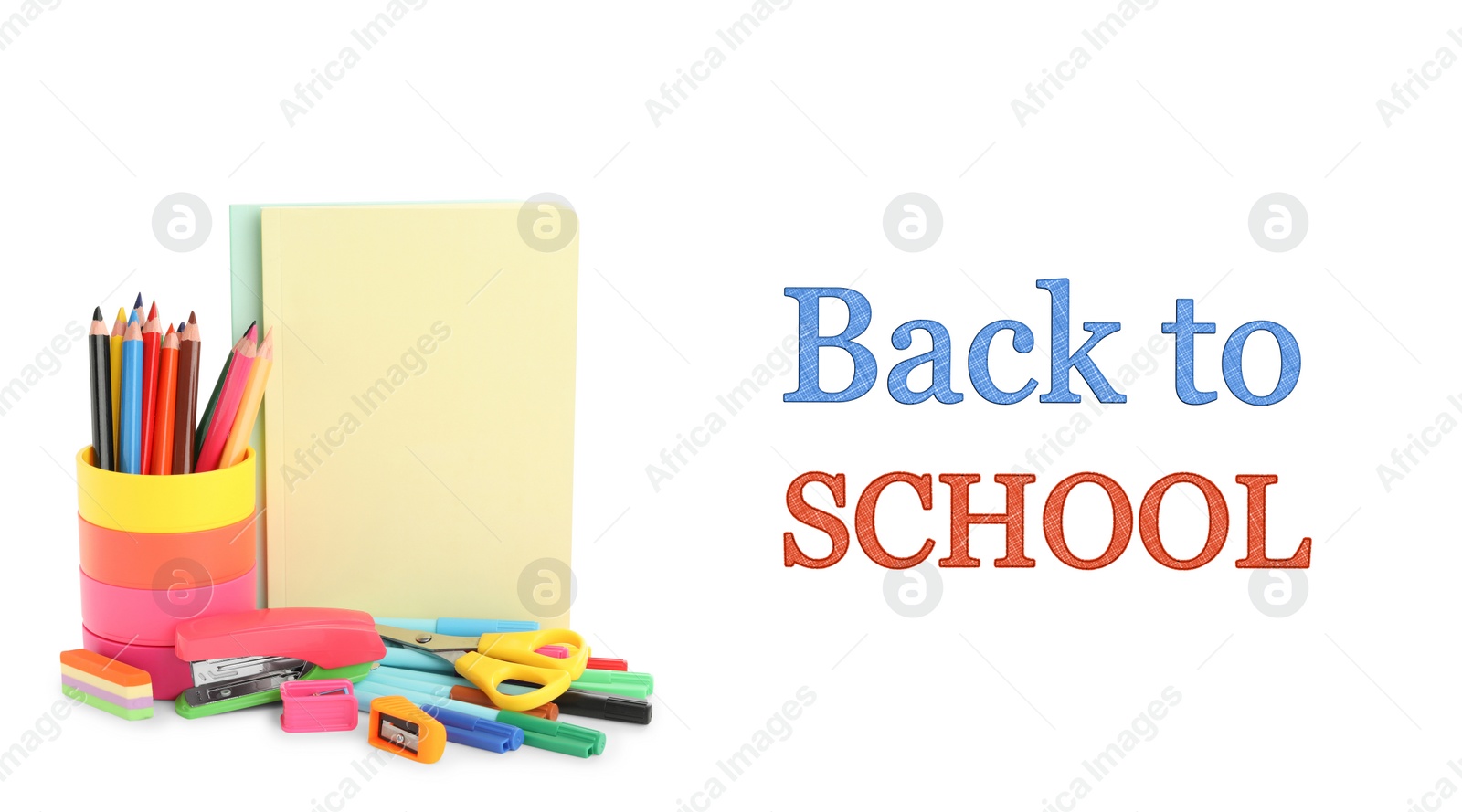 Image of Text Back To School and different stationery on white background