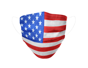 Image of Medical protective mask with USA flag pattern on white background. Dangerous virus