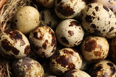 Whole speckled quail eggs and straw as background, top view