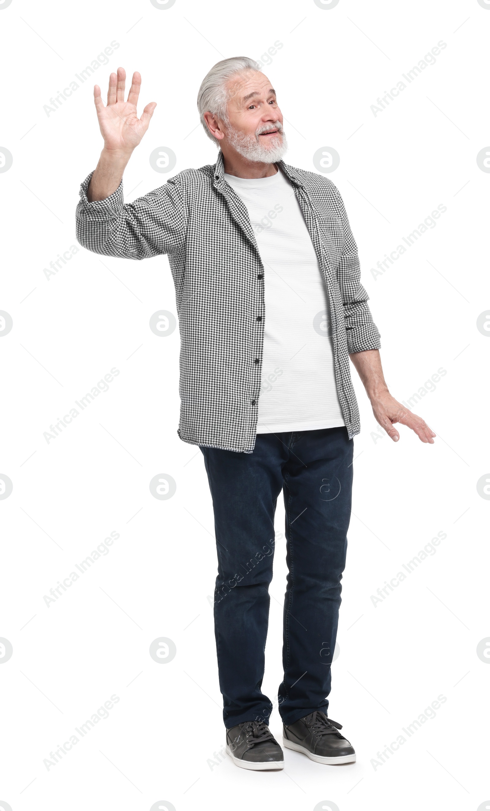 Photo of Senior man waving hand on white background