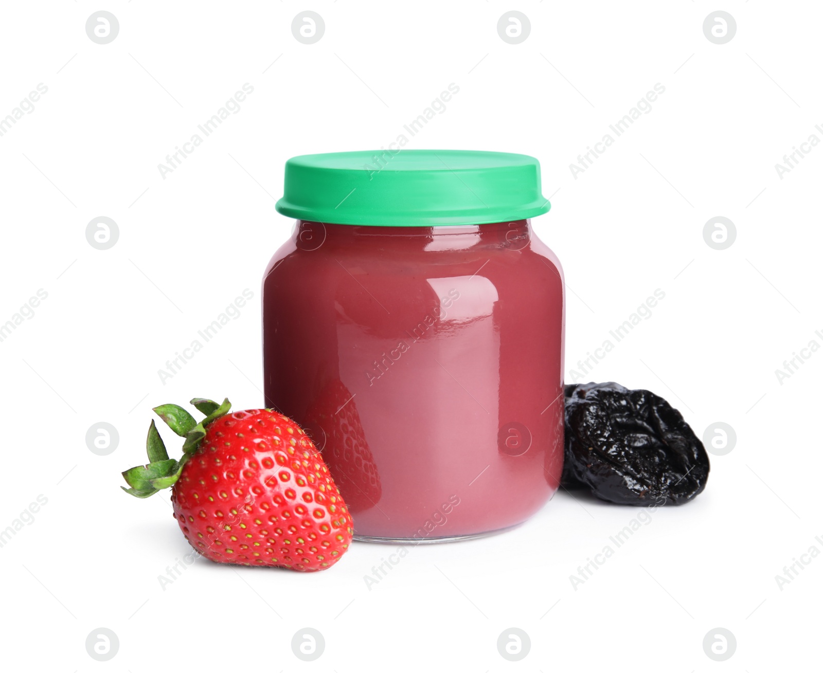 Photo of Jar with baby food, strawberry and dried plum on white background