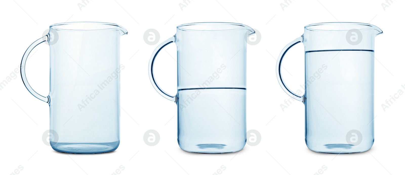 Image of Glass jug isolated on white, collage with empty, semi filled and full